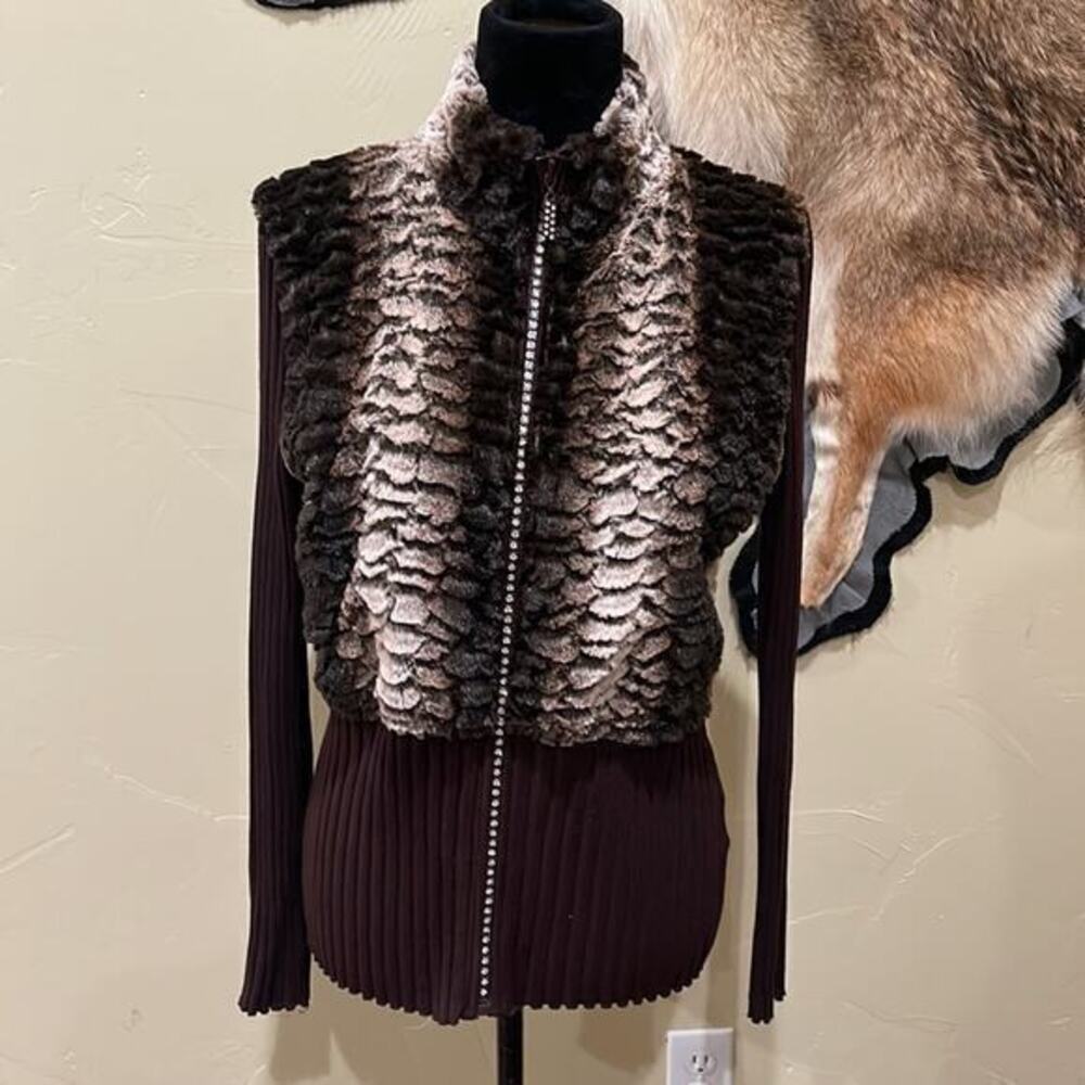 Faux‎ Fur Sweater Jacket Rhinestone Zipper Mob Wife Indie Sleaze Animal Print